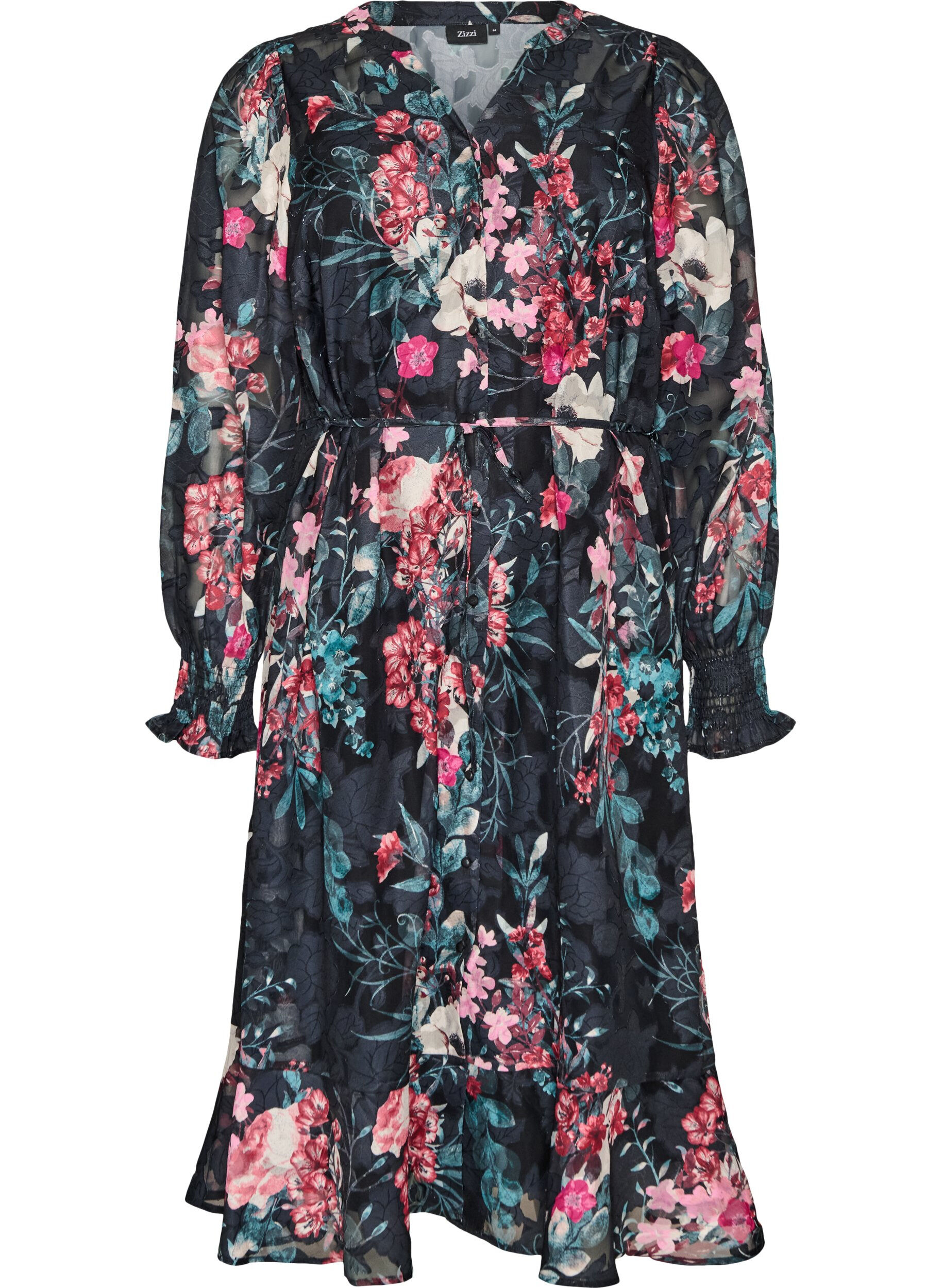 ZizziBloemen midi-jurk met geweven textuur en strikceintuur, Zwart, Packshot image number 0