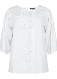 Blouse met broderie anglaise en 3/4 mouwen, Bright White