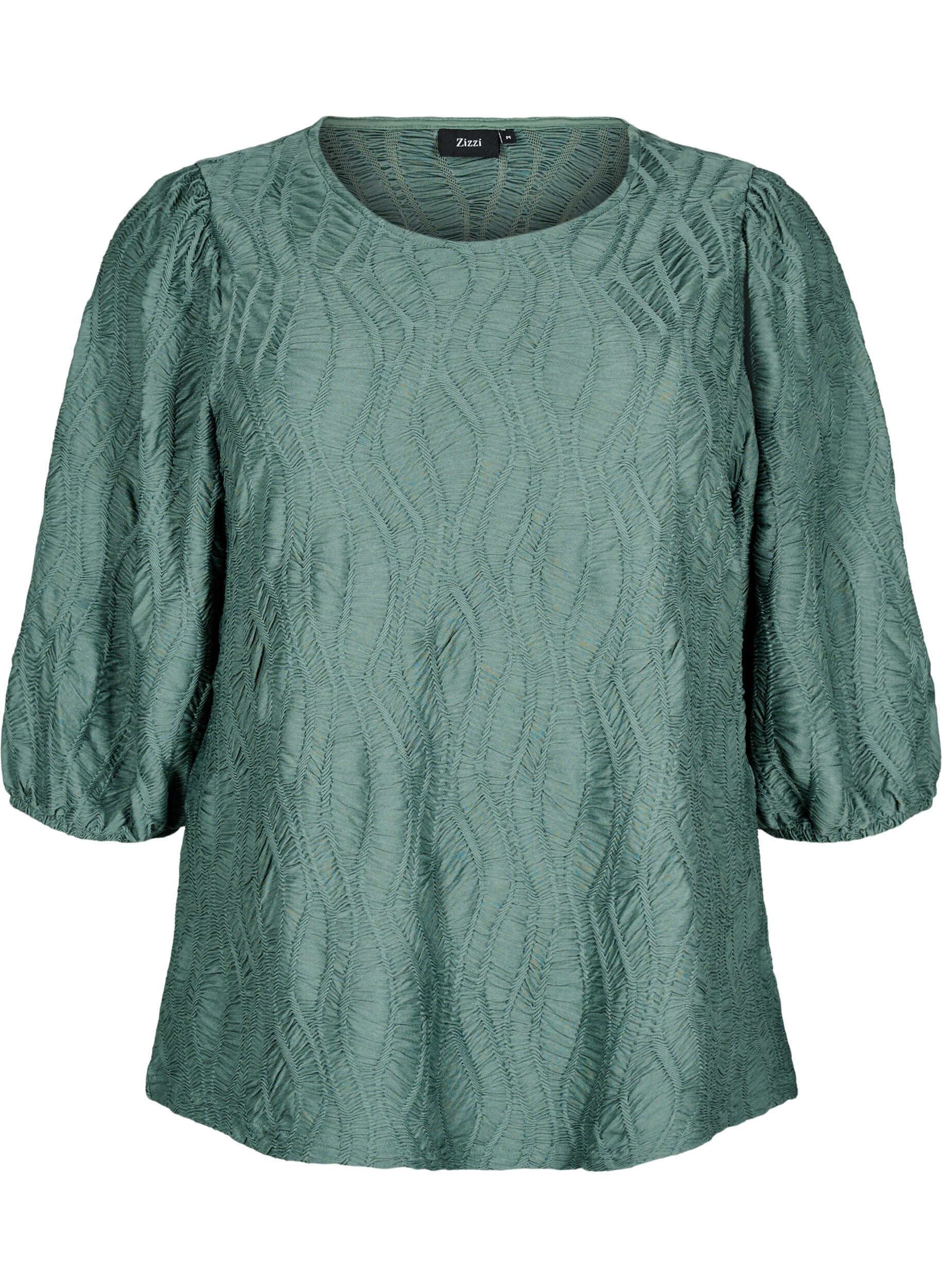 Zizzi Blouse met textuur en 3/4 mouwen, Groen, Packshot image number 0