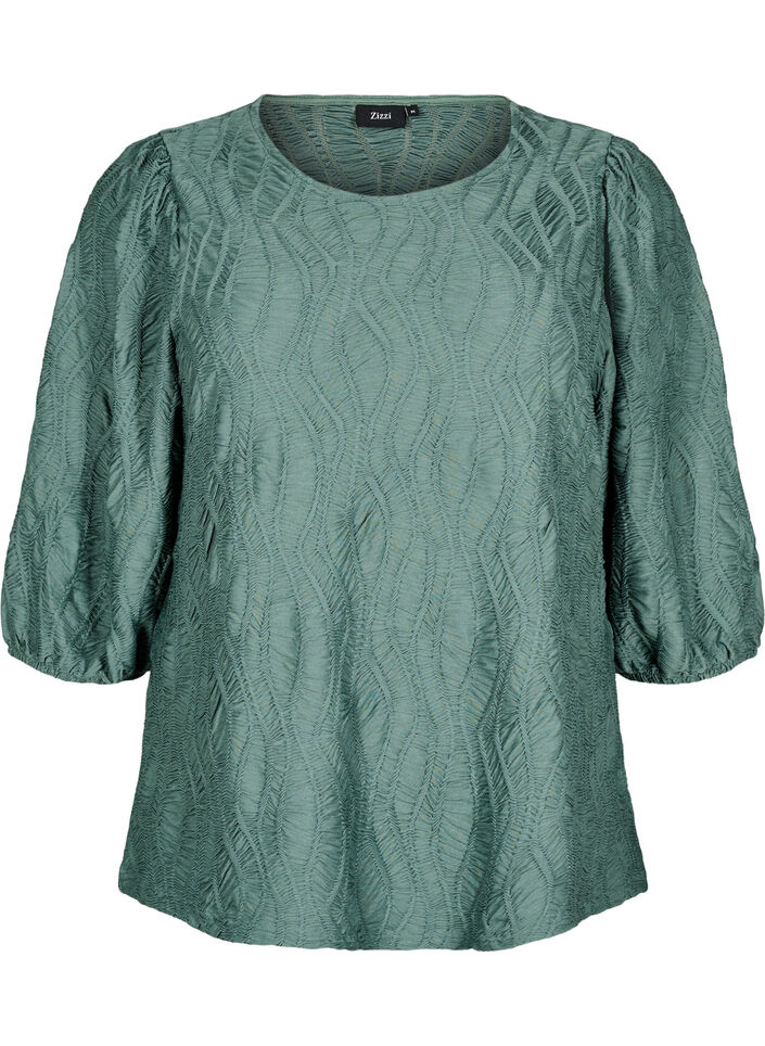 Blouse met textuur en 3/4 mouwen, Groen, Packshot image number 0