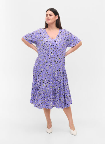 Viscose midi-jurk met bloemenprint, Lilac Flower Print, Model image number 2