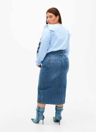 WINDEHAO Dames hoge taille knielengte jeans rok, zomer casual bodycon dames middellange voorkant split denim rok, Blauw, XS WINDEHAO Dames hoge taille knielengte jeans rok, zomer casual bodycon dames middellange voorkant split denim rok, Blauw, XS