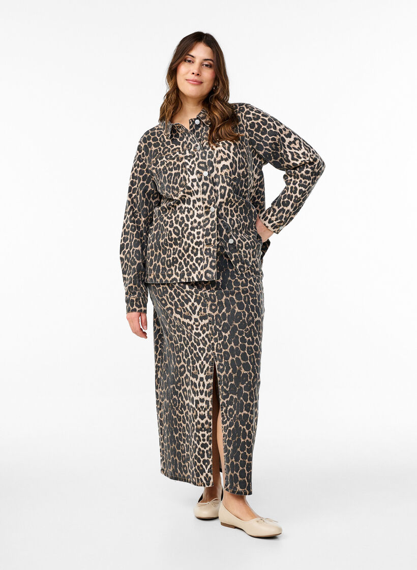 Denim jacket met luipaardprint en borstzakken, Bruin, Model image number 1