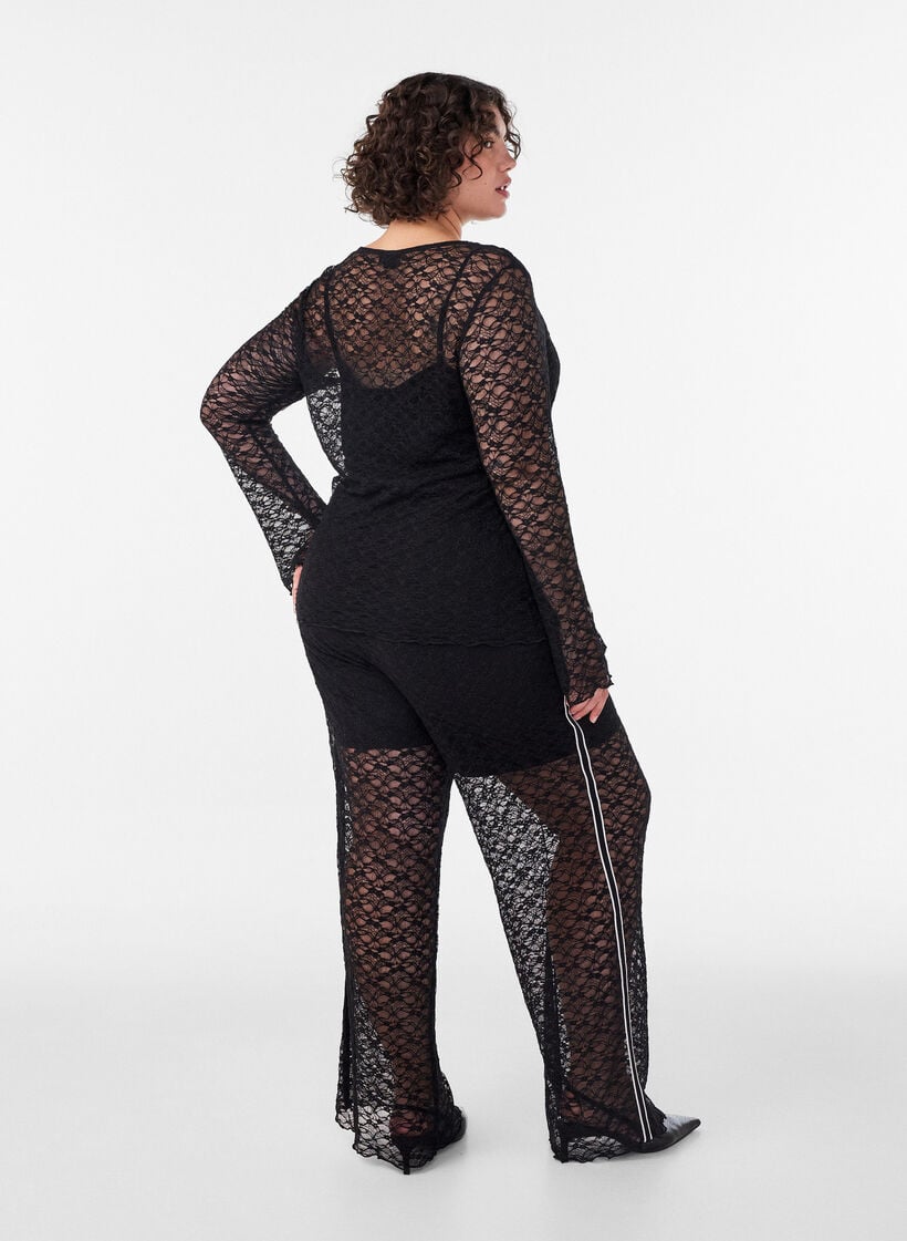 Transparante wijde kanten broek, Zwart, Model image number 1