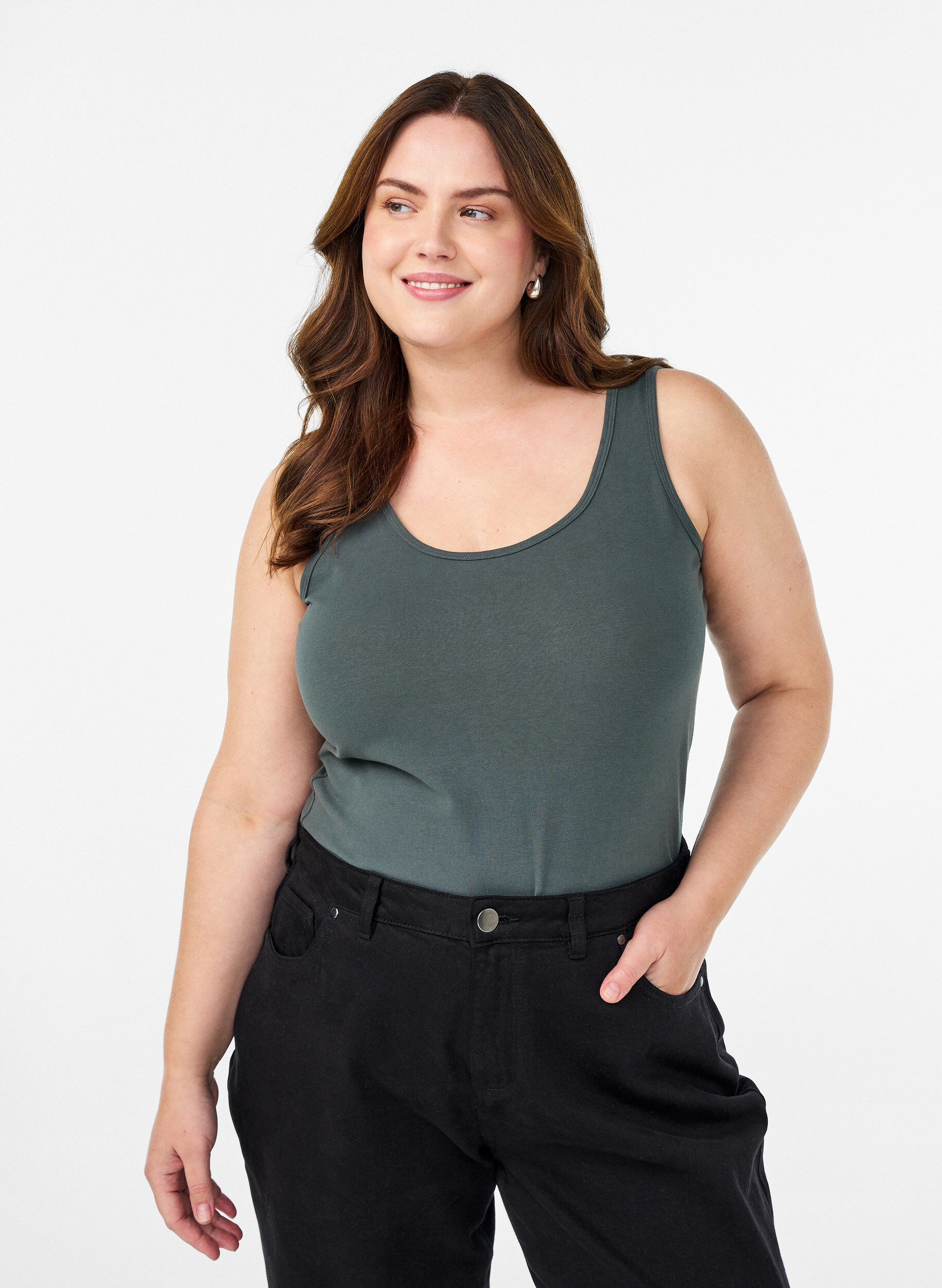 Solide kleur basis top in katoen, Groen, Model