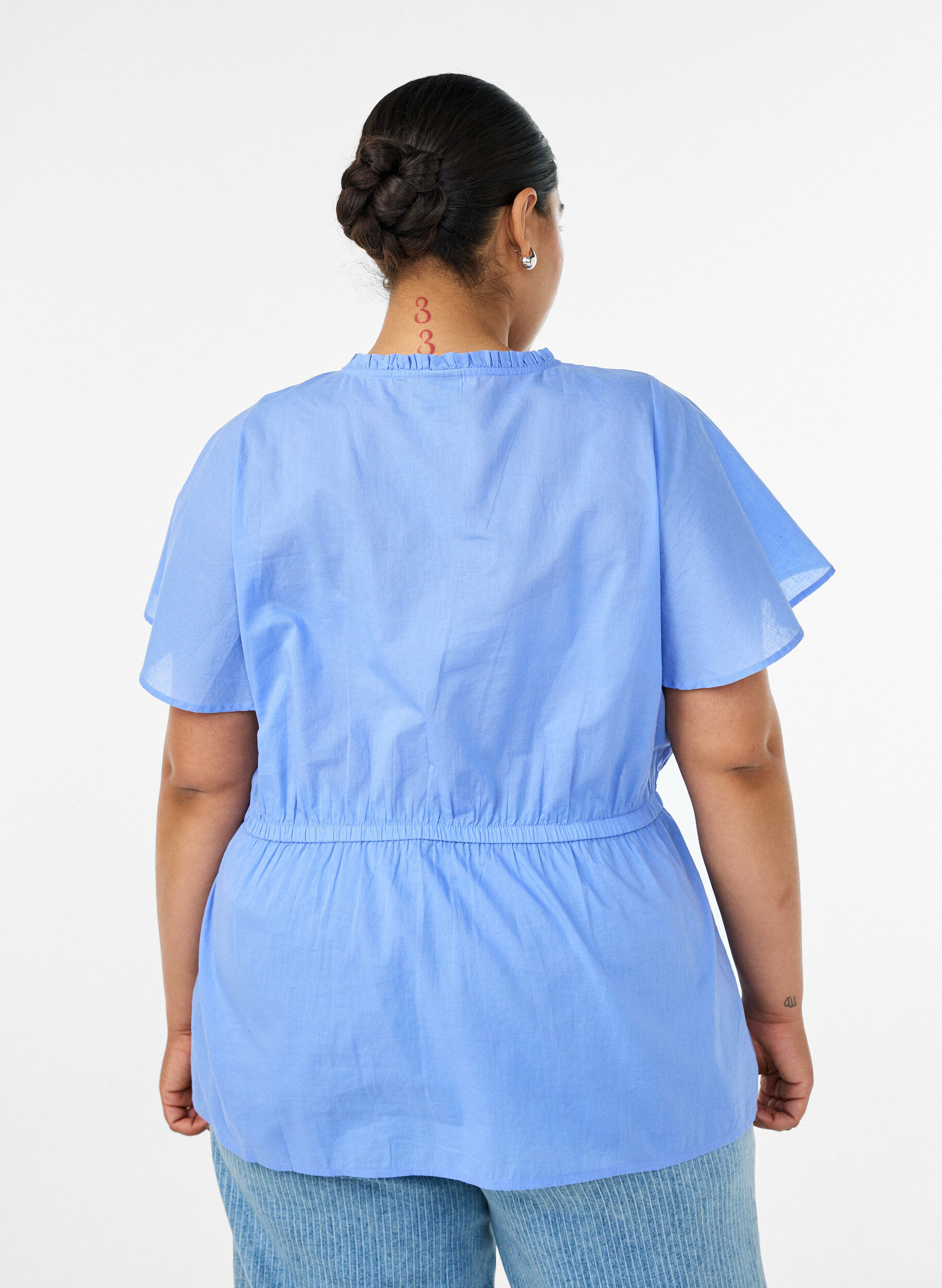 ZizziKatoenen blouse met strik en elastische taille, Blauw, Model image number 2