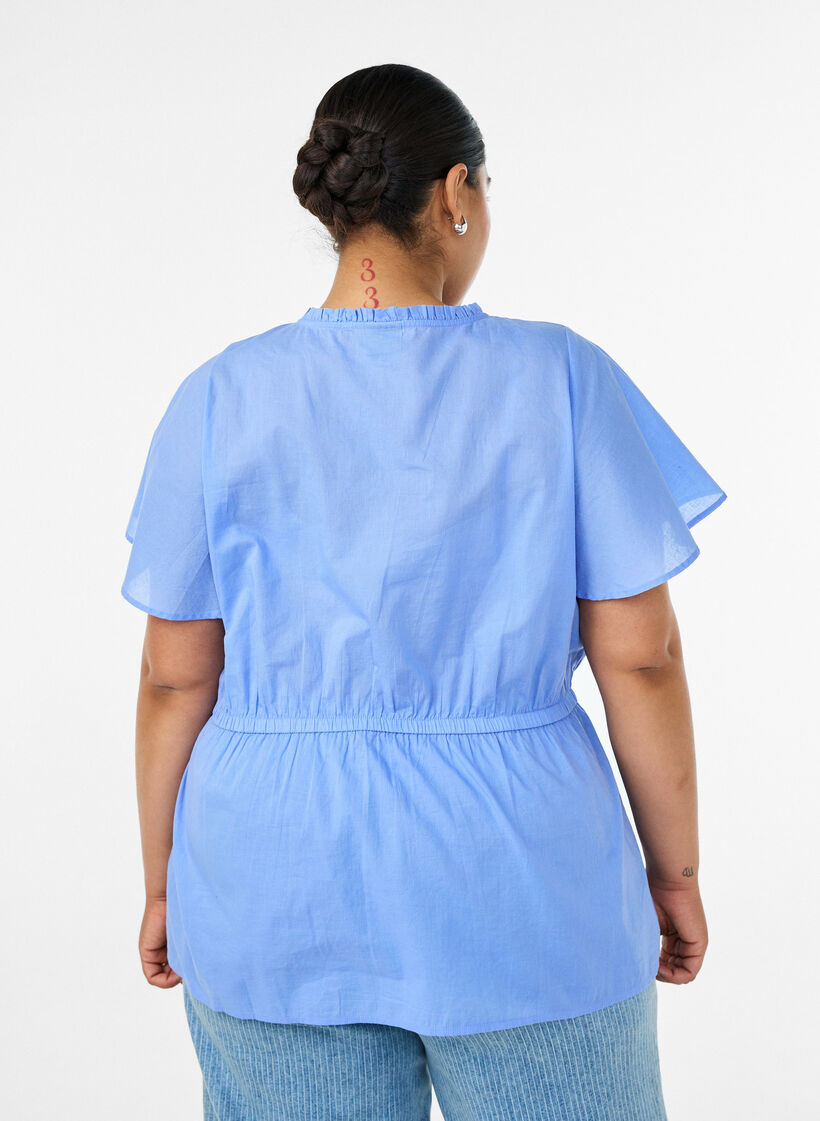 Katoenen blouse met strik en elastische taille, Blauw, Model image number 2