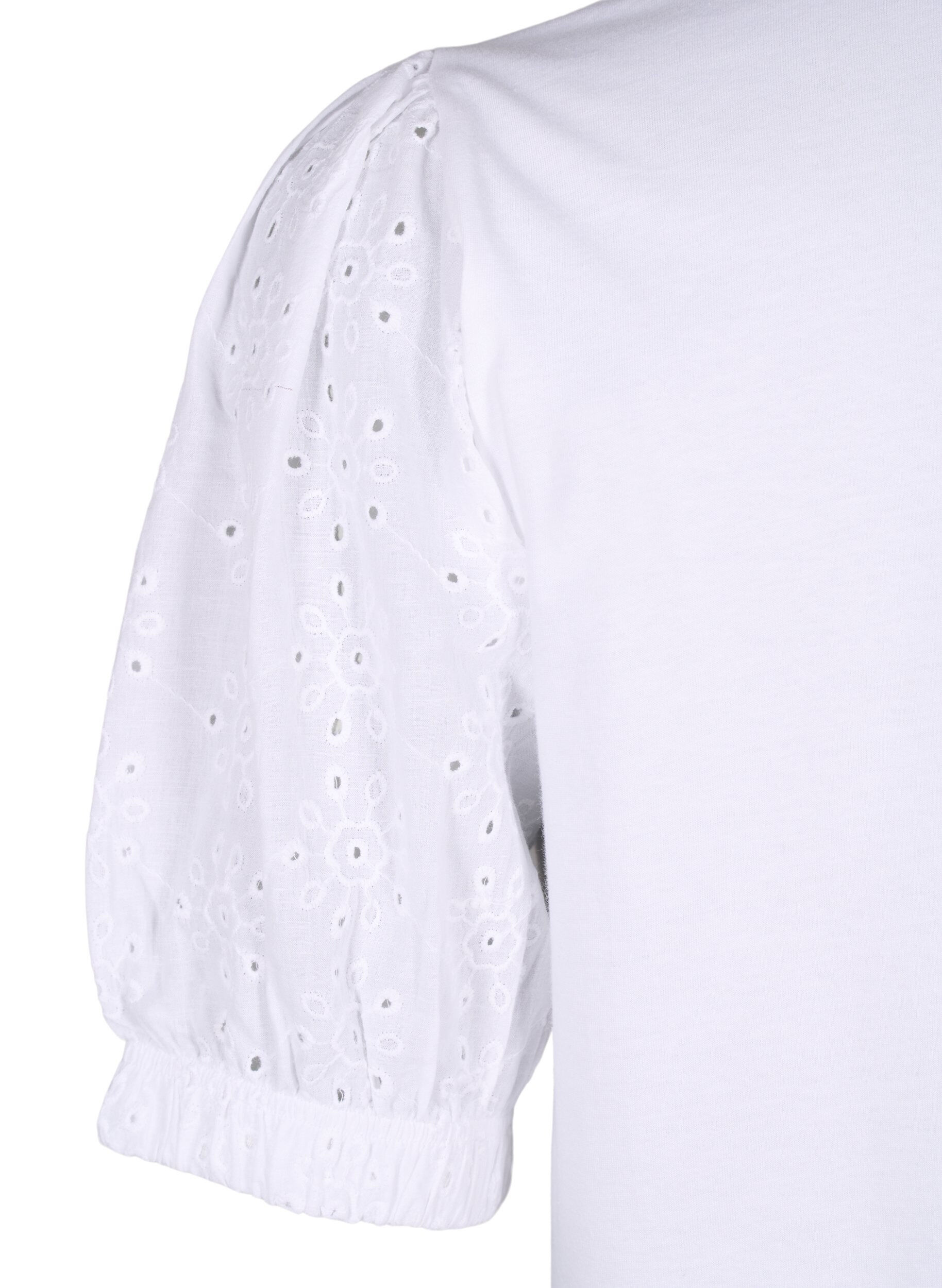 Zizzi Biologisch katoenen blouse met broderie anglaise mouwen, Bright White, Packshot image number 3