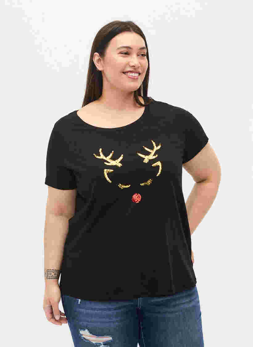 Kerst t-shirt in katoen, Black Reindeer, Model image number 0