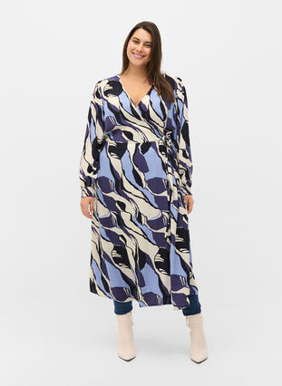 Bedrukte midi-jurk met omslag, Blue Abstract AOP, Model image number 3