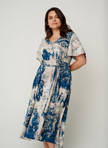 Midi-jurk met korte mouwen en print, Twilight Blue AOP, Model image number 0