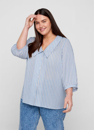 Gestreepte blouse met grote kraag, Light Blue Stripe, Model image number 0