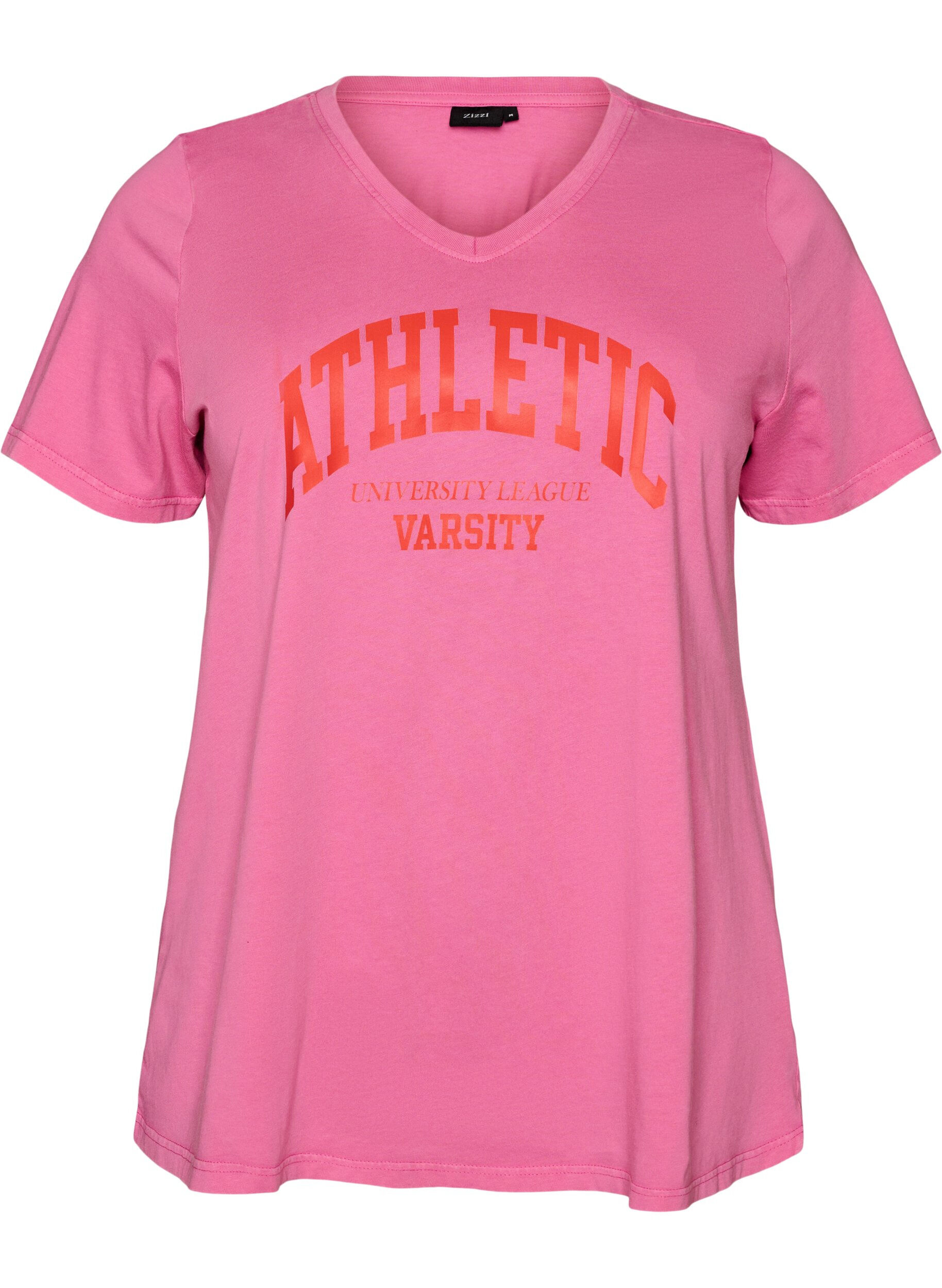 ZizziBiologisch katoenen T-shirt met varsity print en V-hals, Roze, Packshot image number 0