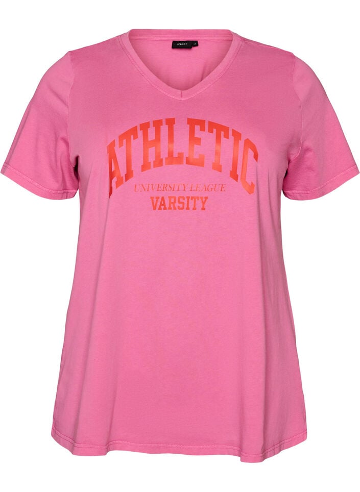Biologisch katoenen T-shirt met varsity print en V-hals, Roze, Packshot image number 0