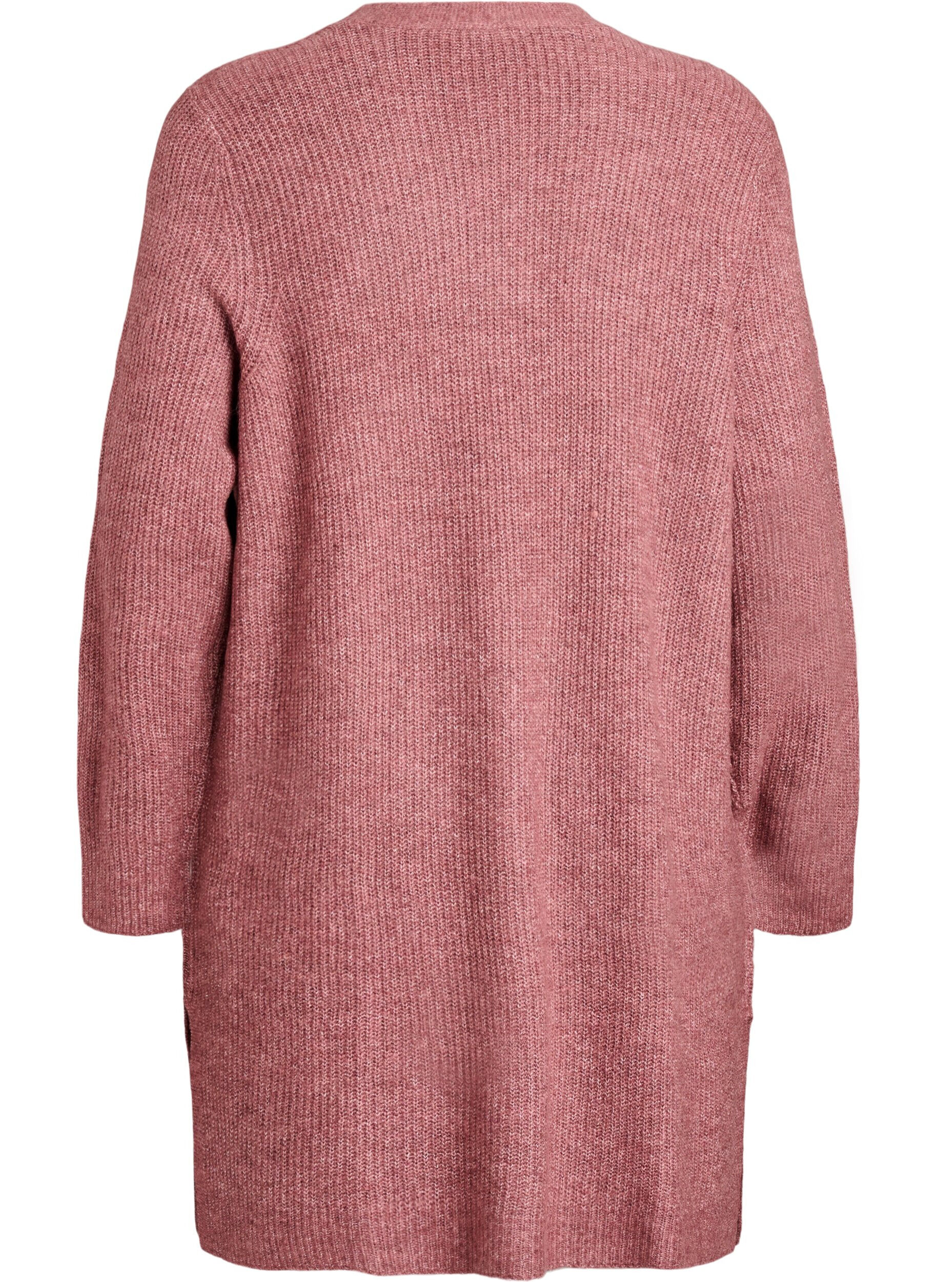 Zizzi FLASH - Lange ribgebreide cardigan met open voorkant, Roze, Packshot image number 1