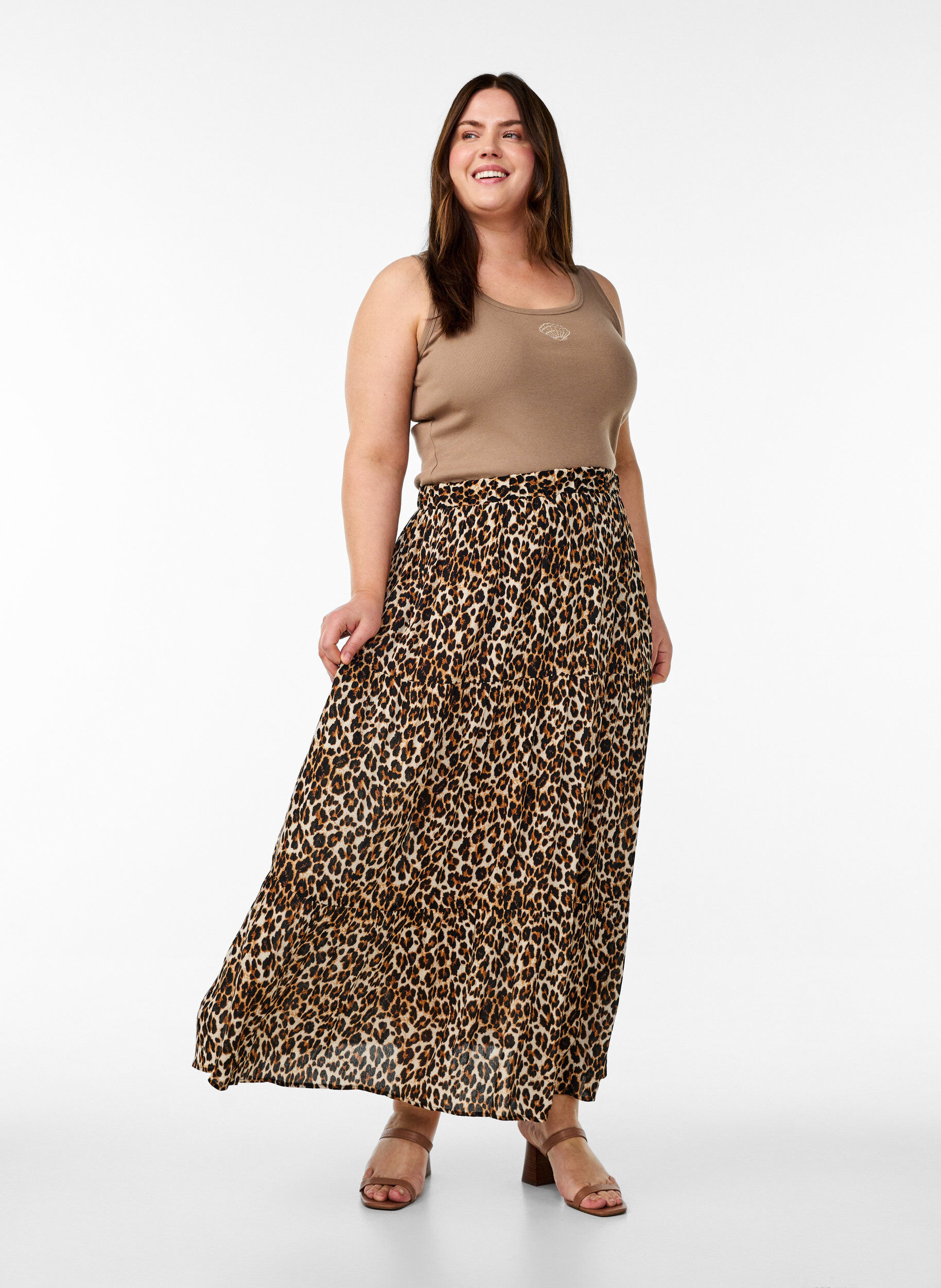 Zizzi Lange rok met elastiek in de taille, Bruin, Model image number 0