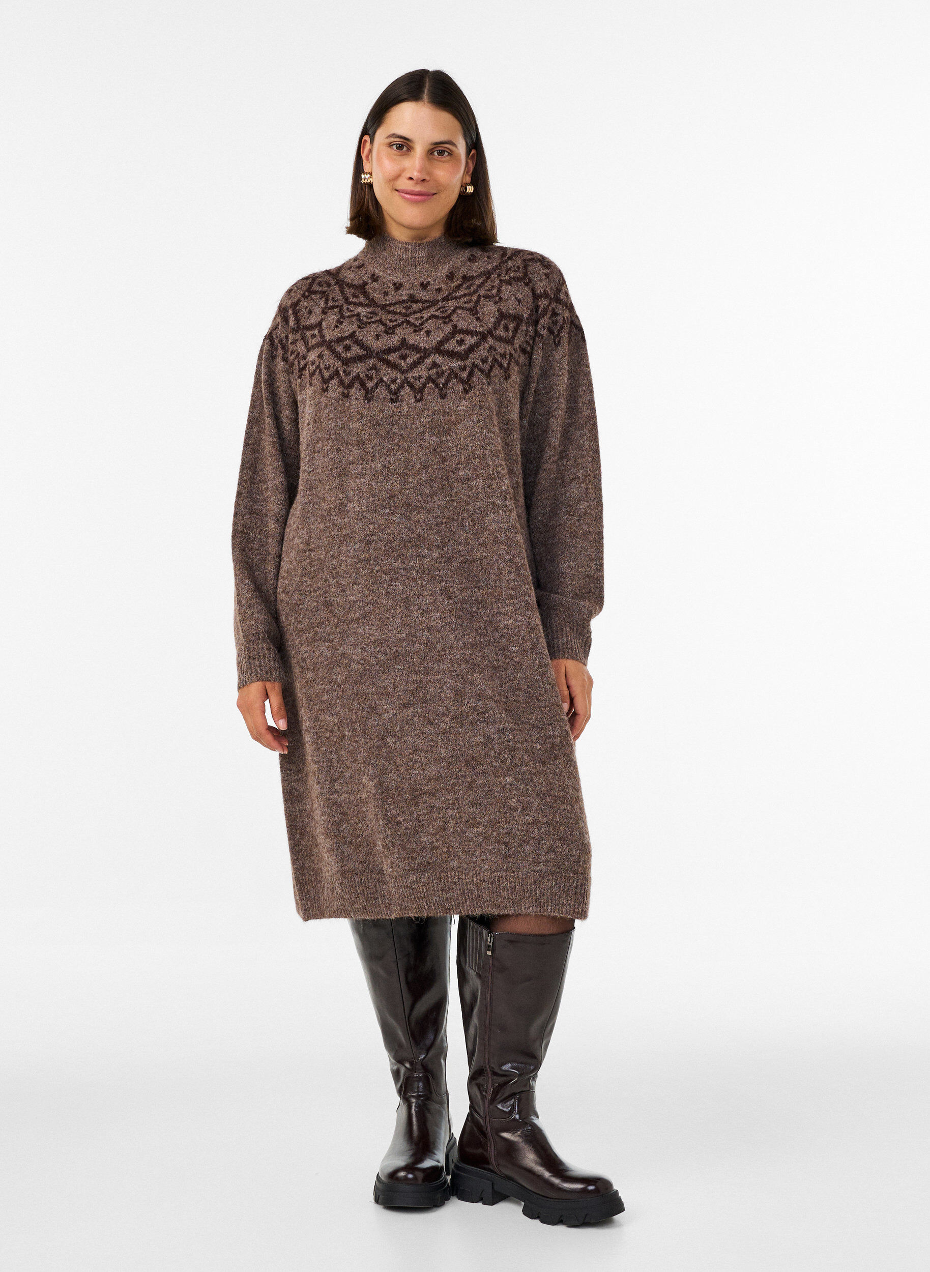 Gebreide jurk met jacquardpatroon, Bruin, Model