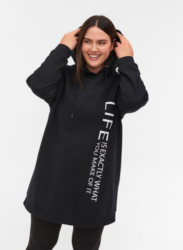 Lang sweatshirt met capuchon en print, Black, Model image number 0