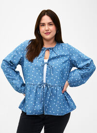 Denim peplum blouse met striksluiting, Light Blue w.Flowers, Model