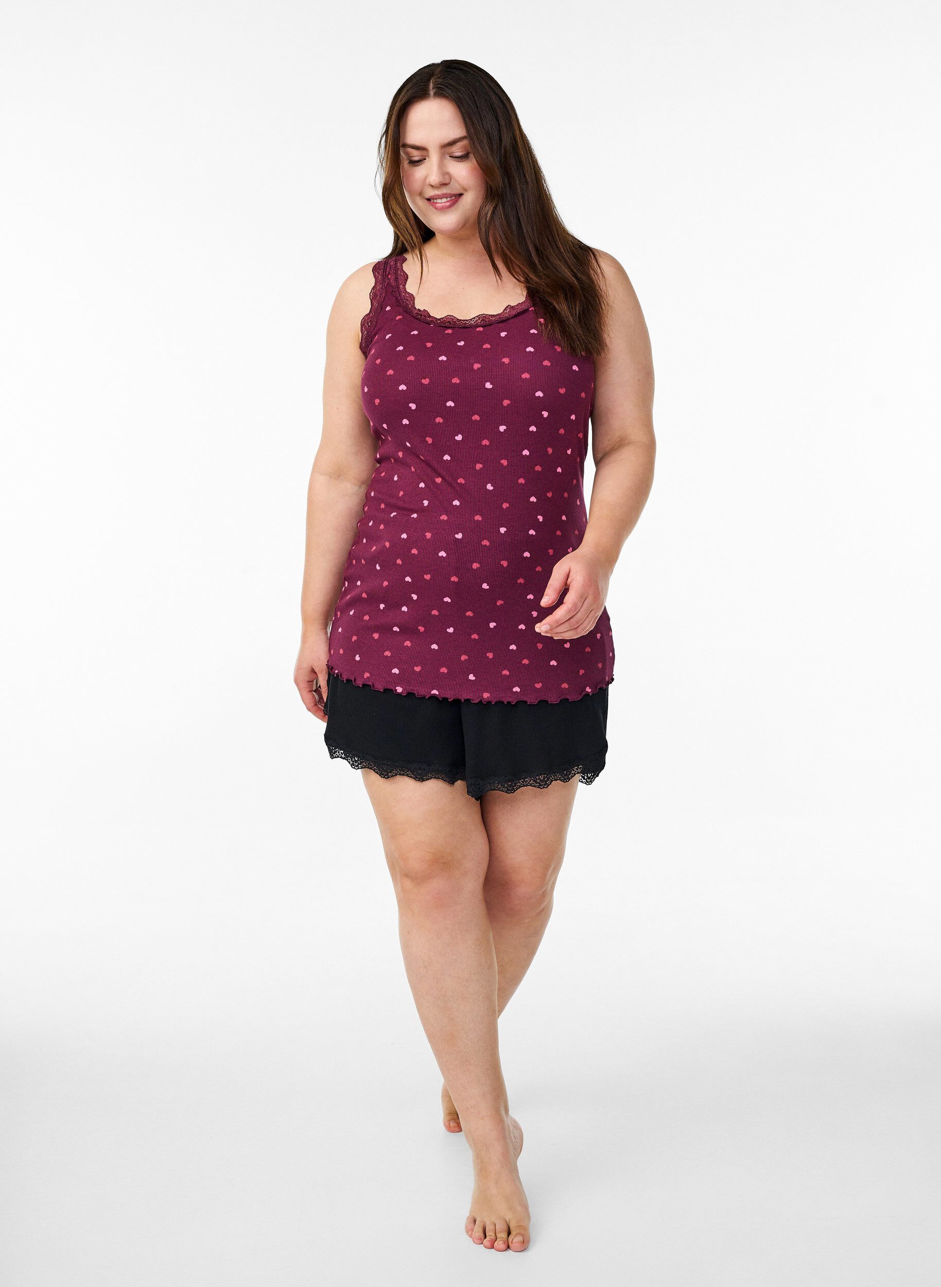 ZizziTop met print en kanten rand, Donker Bordeaux, Model image number 1
