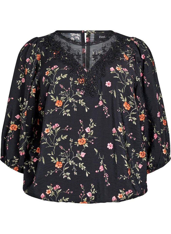 Blouse met 3/4 mouwen en kantdetails, Zwart, Packshot image number 0