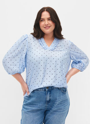 Gestippelde blouse met 3/4 mouwen in viscose, Light Blue Dot, Model image number 0