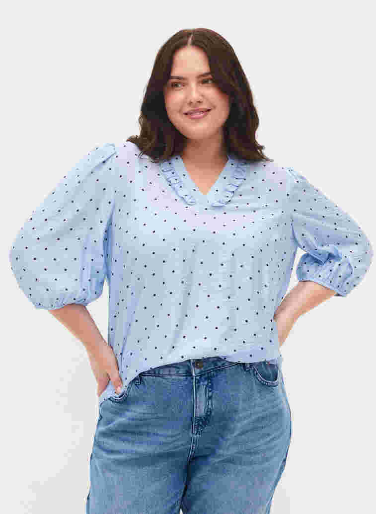 Gestippelde blouse met 3/4 mouwen in viscose, Light Blue Dot, Model