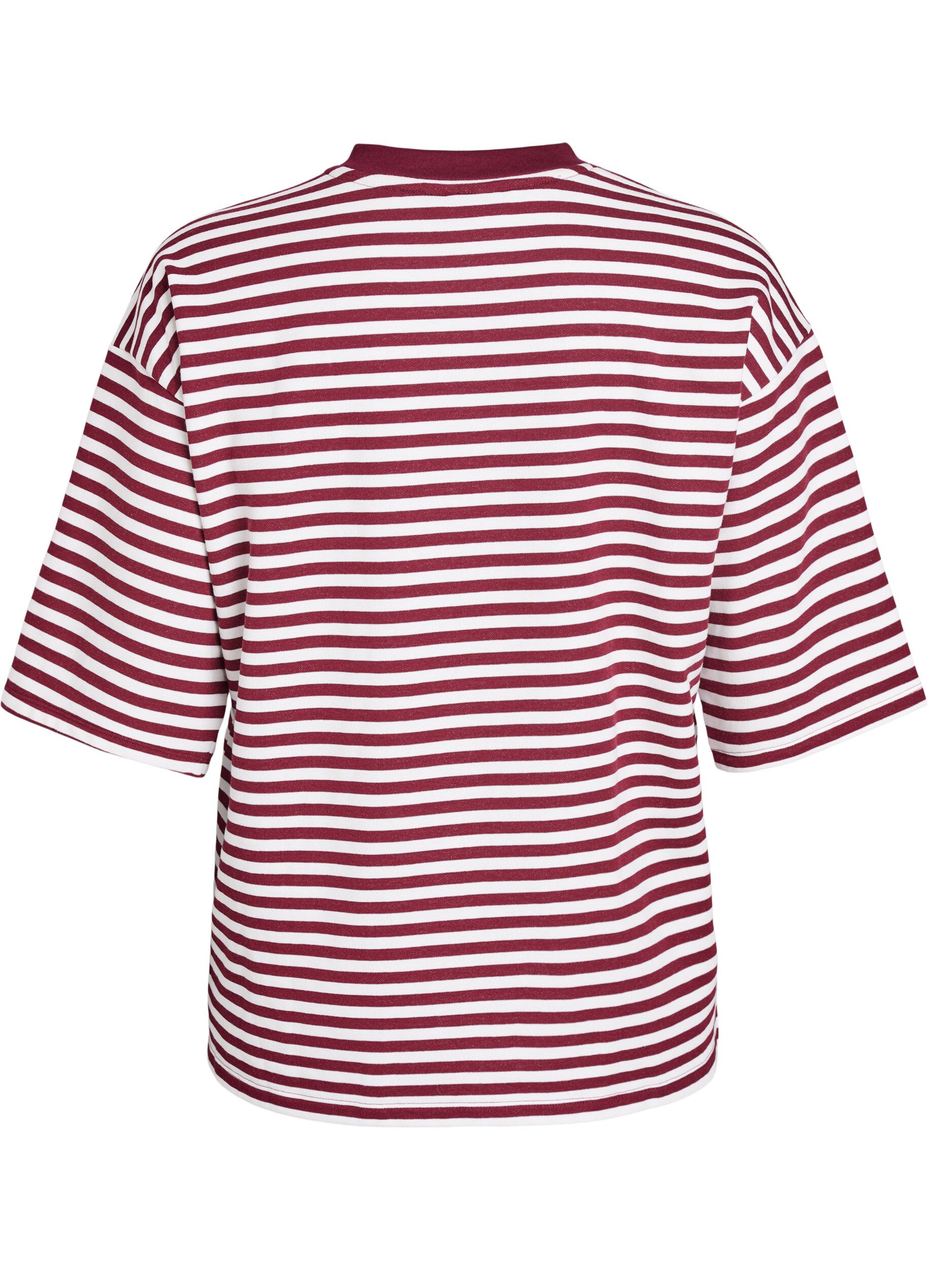 Zizzi Gestreepte blouse met 3/4 mouwen en knoopdetail, Rood, Packshot image number 1