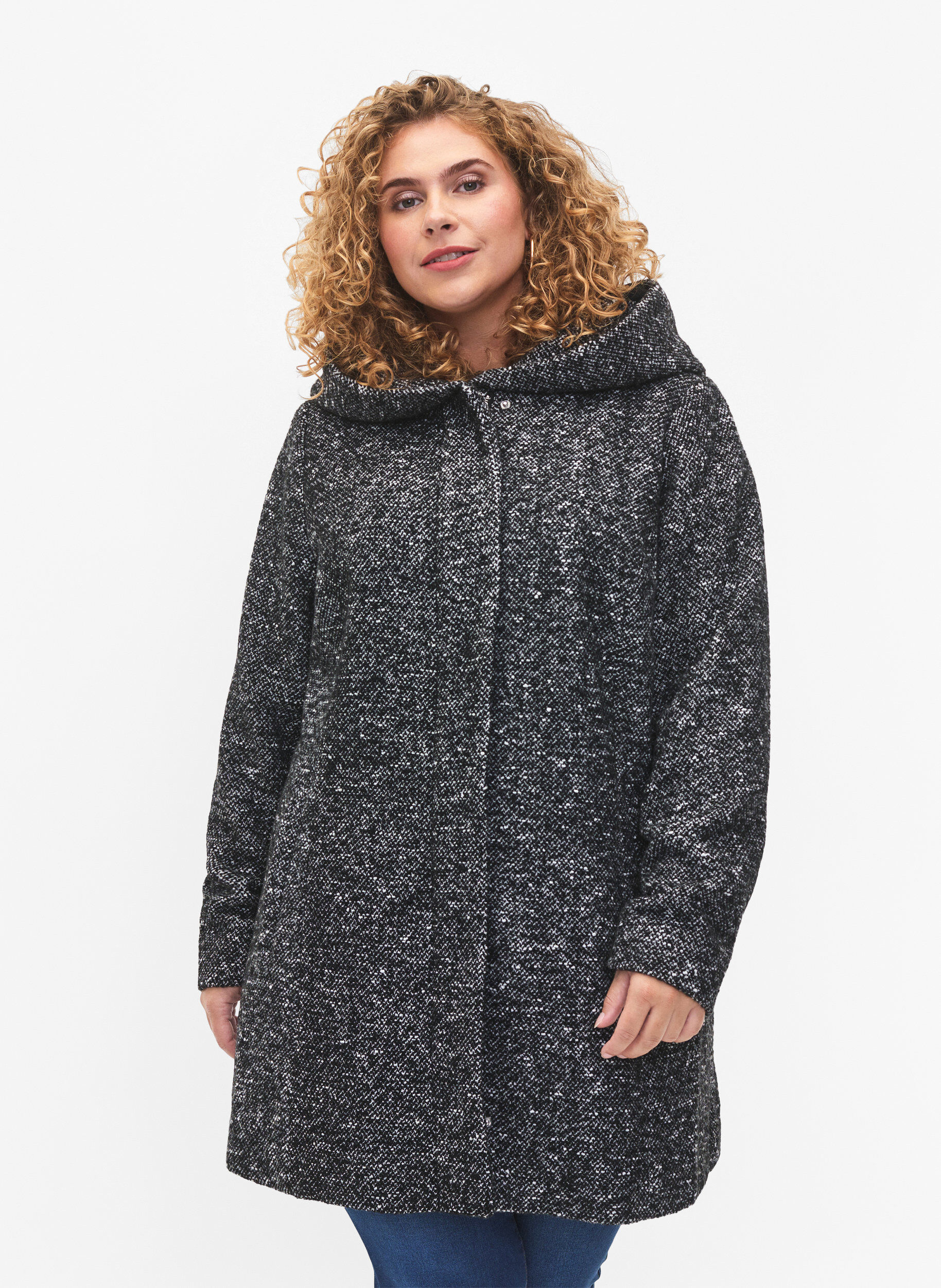 Zizzi Boucl&eacute; jas met wol, Black Mel., Model image number 0