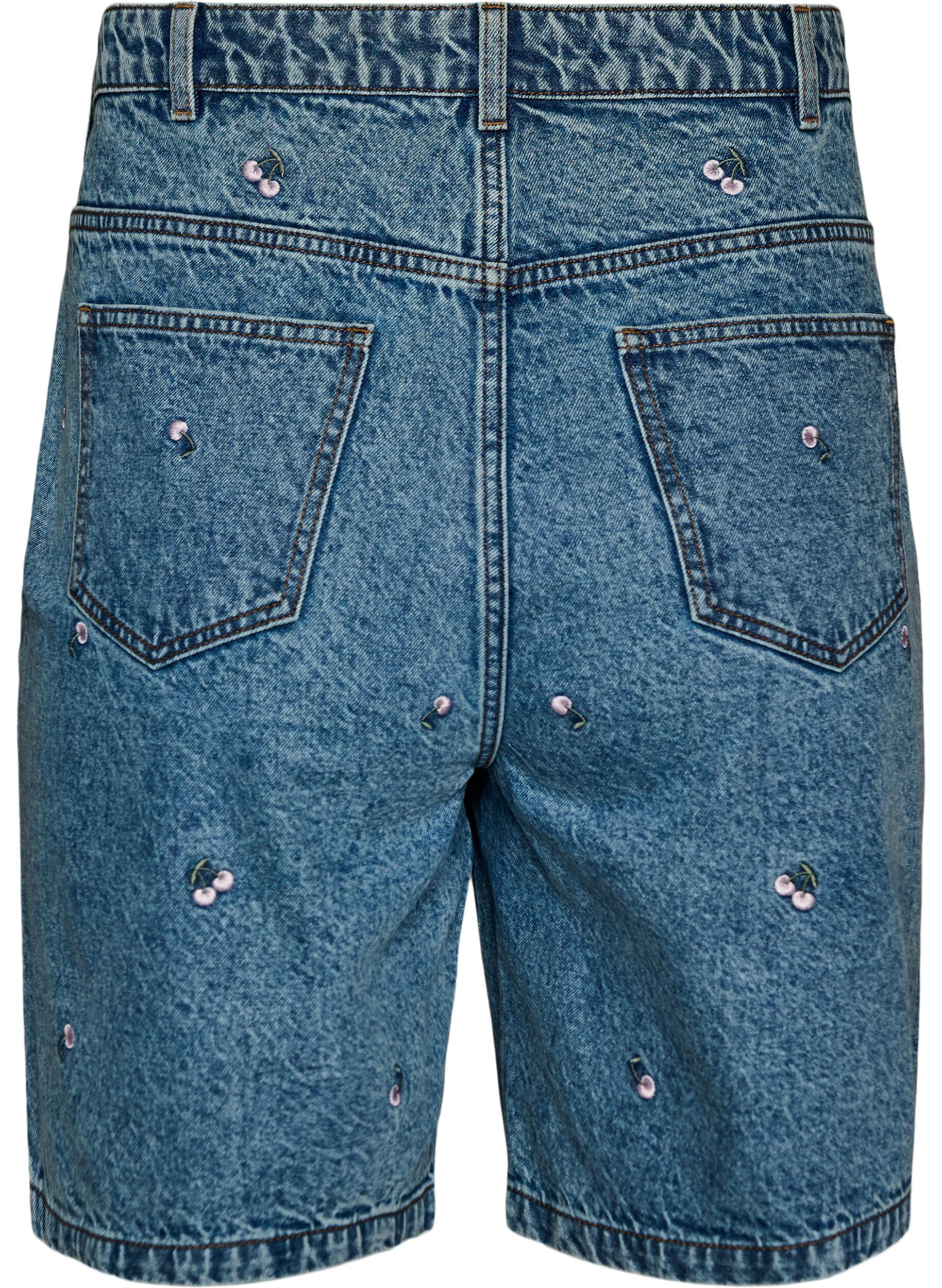 Zizzi High-waist denim shorts met geborduurde motieven, Blauw, Packshot image number 1