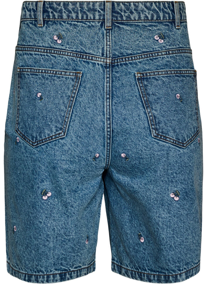 High-waist denim shorts met geborduurde motieven, Blauw, Packshot image number 1