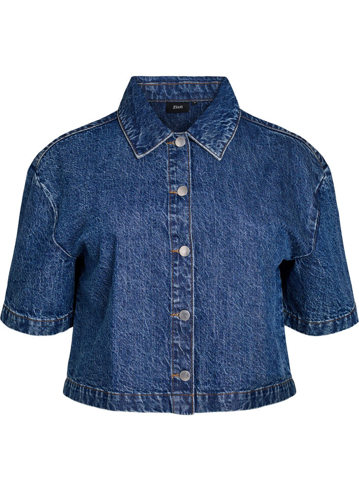 Denimjas met korte mouwen en knoopsluiting, Blauw, Packshot image number 0
