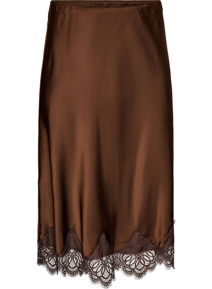 Midi satijnen rok met kanten afwerking, Bruin, Packshot image number 0