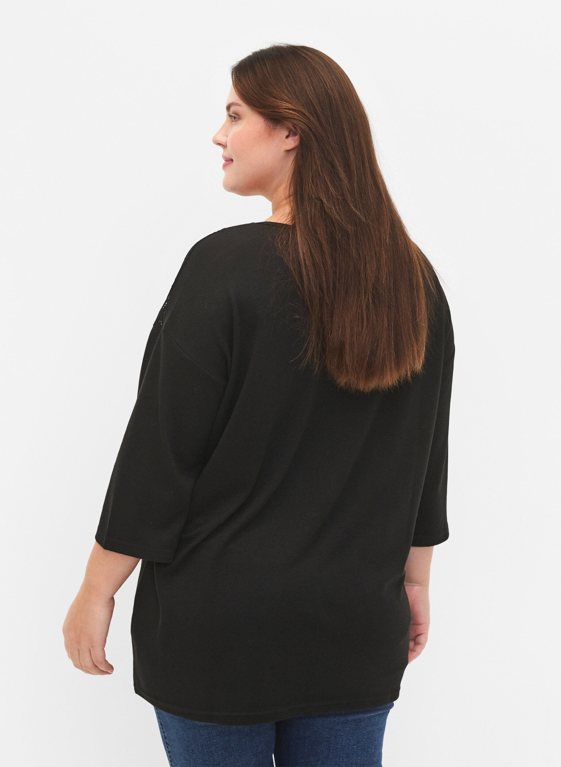 Zizzi Blouse met 3/4 mouwen en kanten detail, Black, Model image number 1