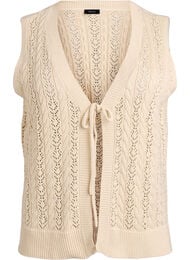 Gebreide vest met ajourborduursel en striksluiting, Beige
