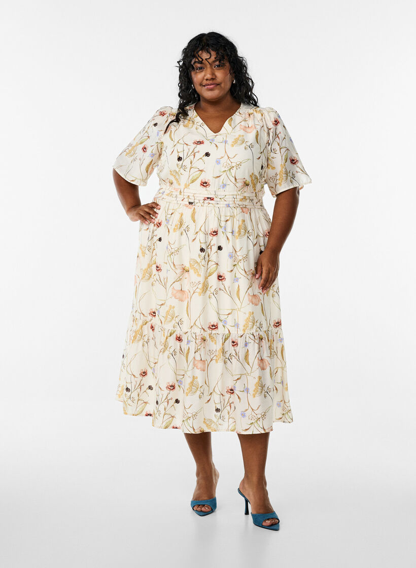 Midi-jurk met bloemen met een A-lijn vorm, Beige, Model image number 1