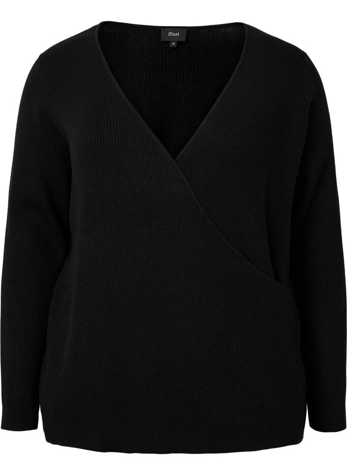 Gebreide blouse met overslag, Black, Packshot image number 0