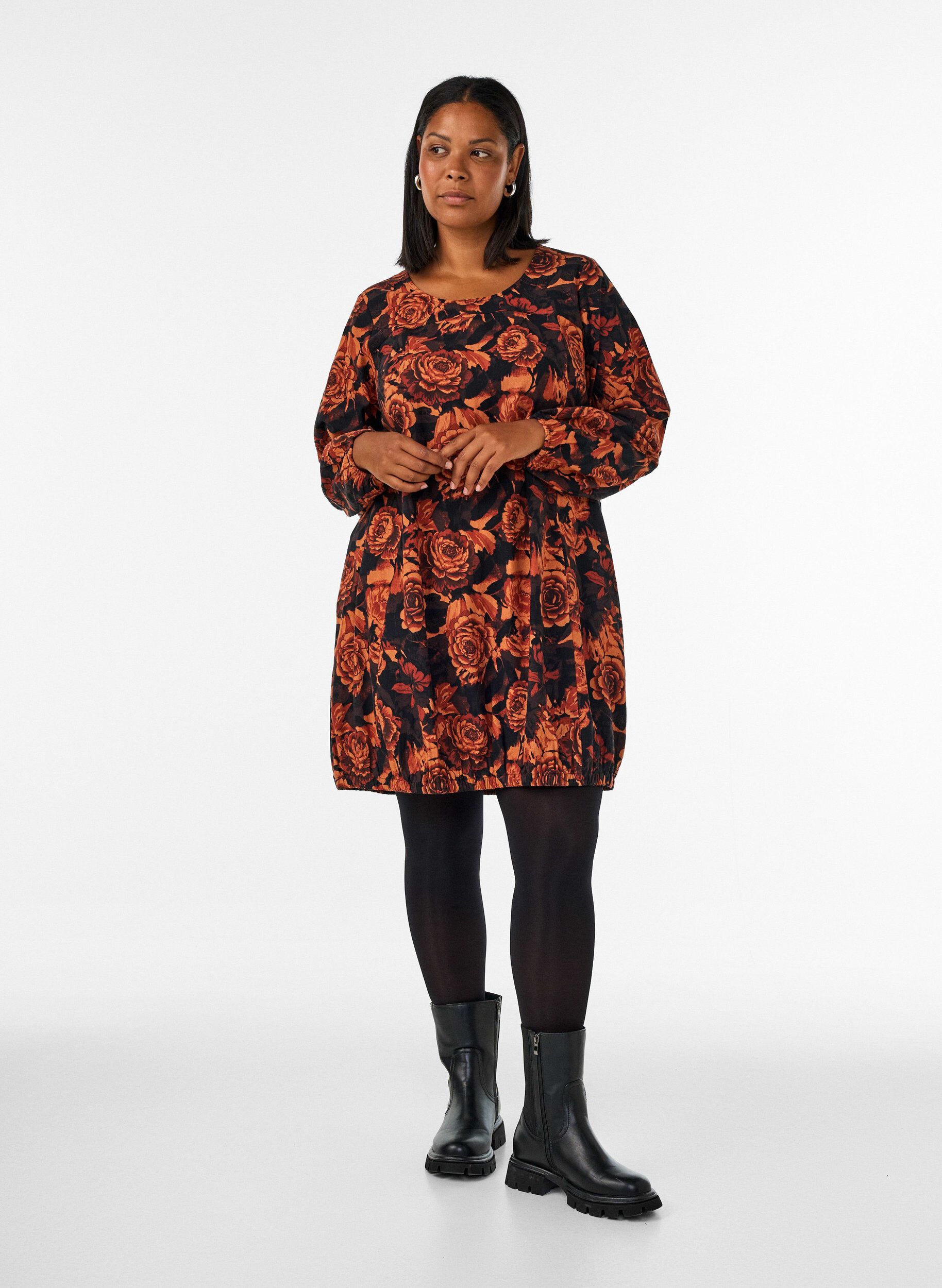 ZizziKorte katoenen jurk met een elastische zoom en lange mouwen, Zwart, Model image number 1