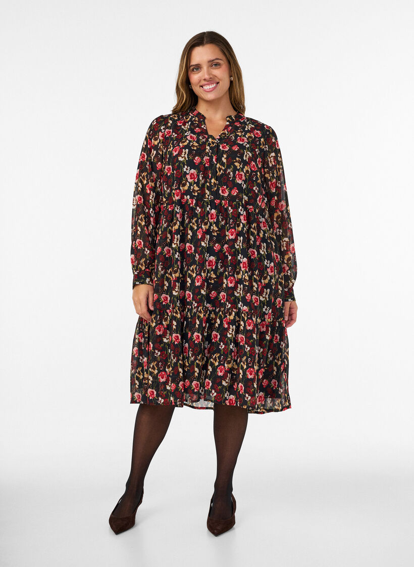 Jurk met all-overprint en een rucheslaag, Zwart, Model image number 0