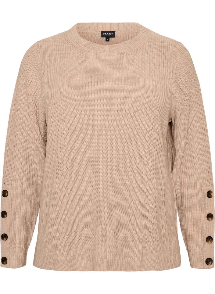 Gebreide blouse met ribstructuur en knoopdetails, Beige, Packshot image number 0