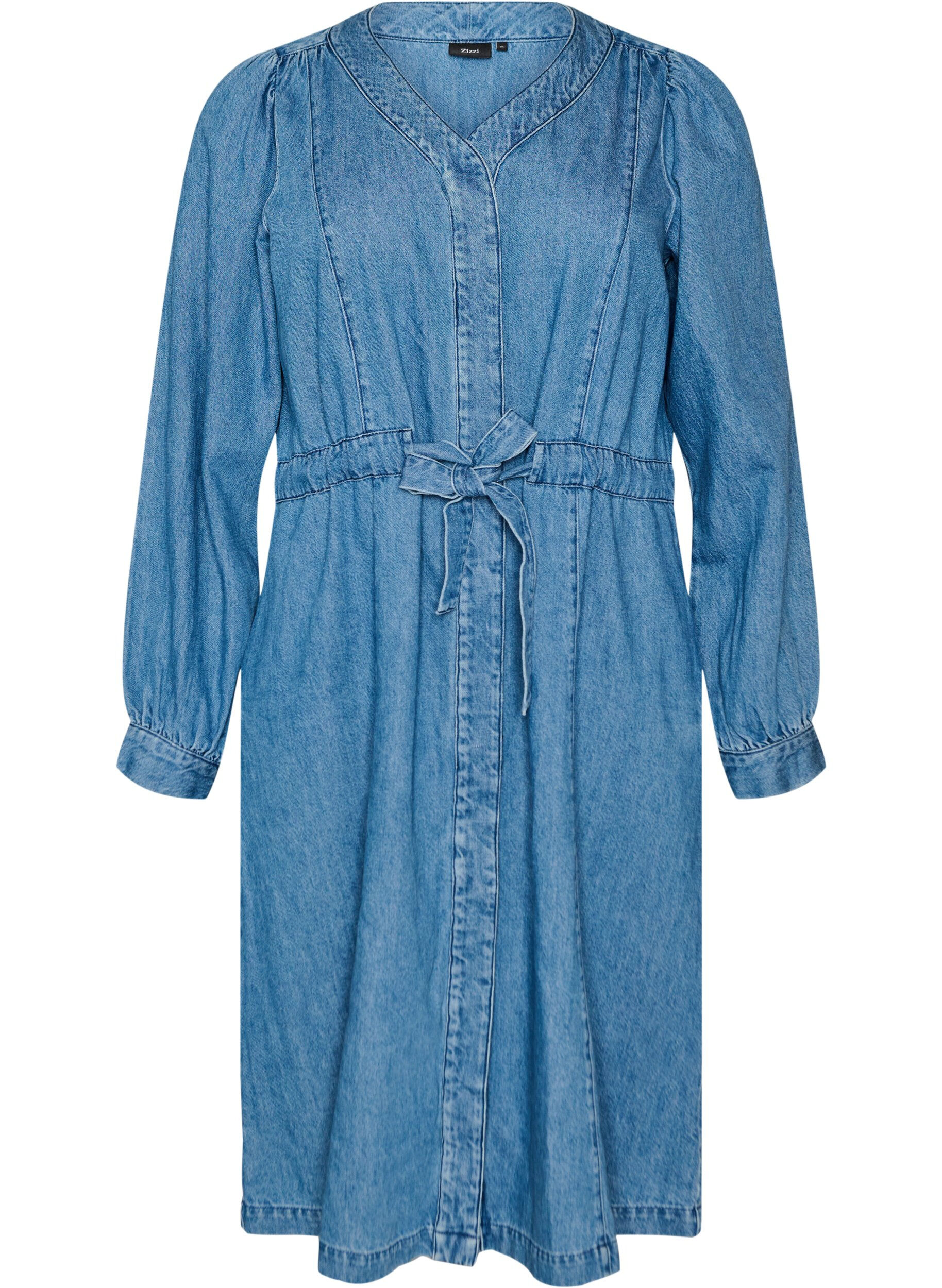 ZizziDenimjurk met V-hals en strikceintuur, Blauw, Packshot image number 0