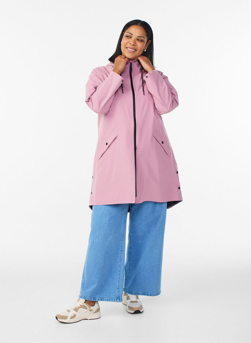 Regenjas met zakken en capuchon, Roze, Model