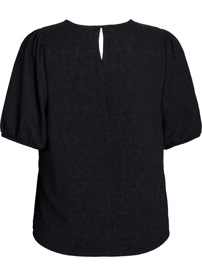 Gestructureerde blouse met korte mouwen, Zwart, Packshot image number 1