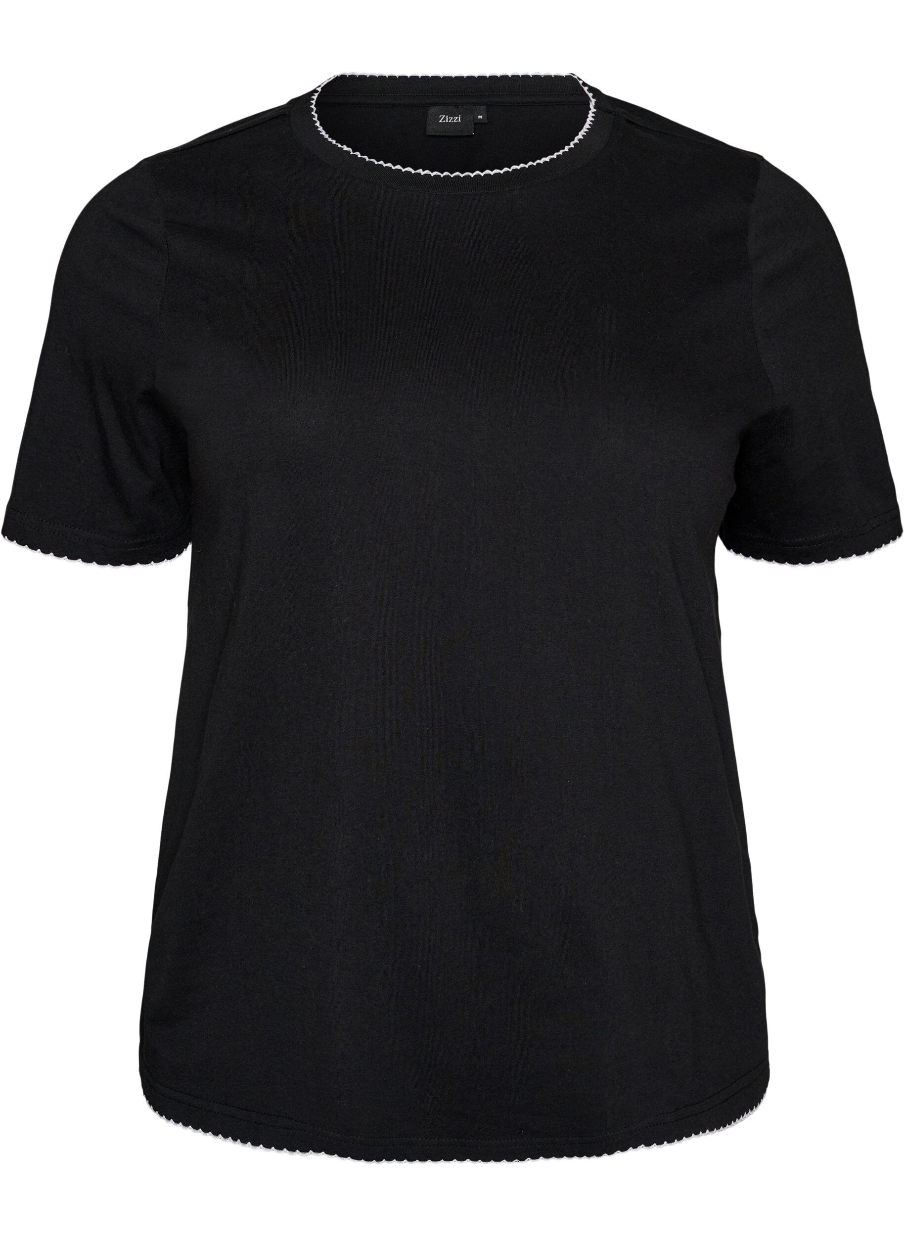 ZizziKatoenen T-shirt met golvende contrasterende randen, Zwart, Packshot image number 0
