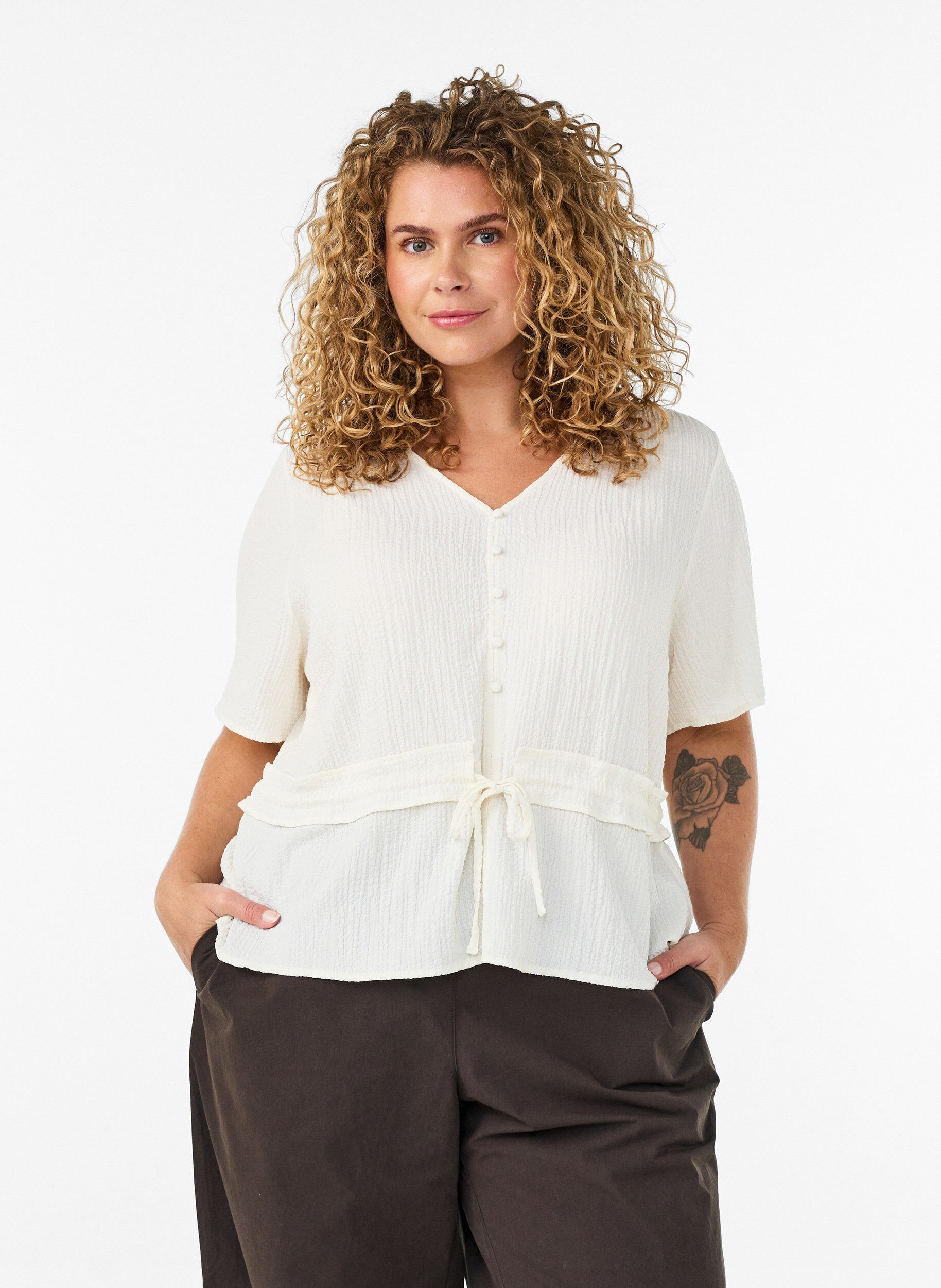 ZizziBlouse met textuur en een strik in de taille, Vanille, Model image number 0