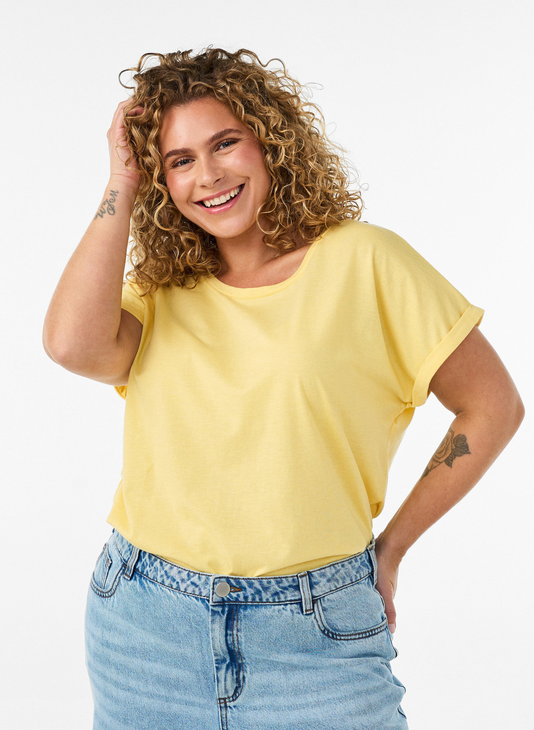 T-shirt met korte mouwen van katoenmix, Geel, Model