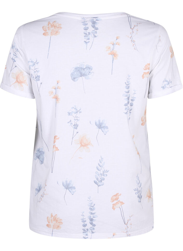 T-shirt van biologisch katoen met bloemenprint, White W. Blue flower, Packshot image number 1