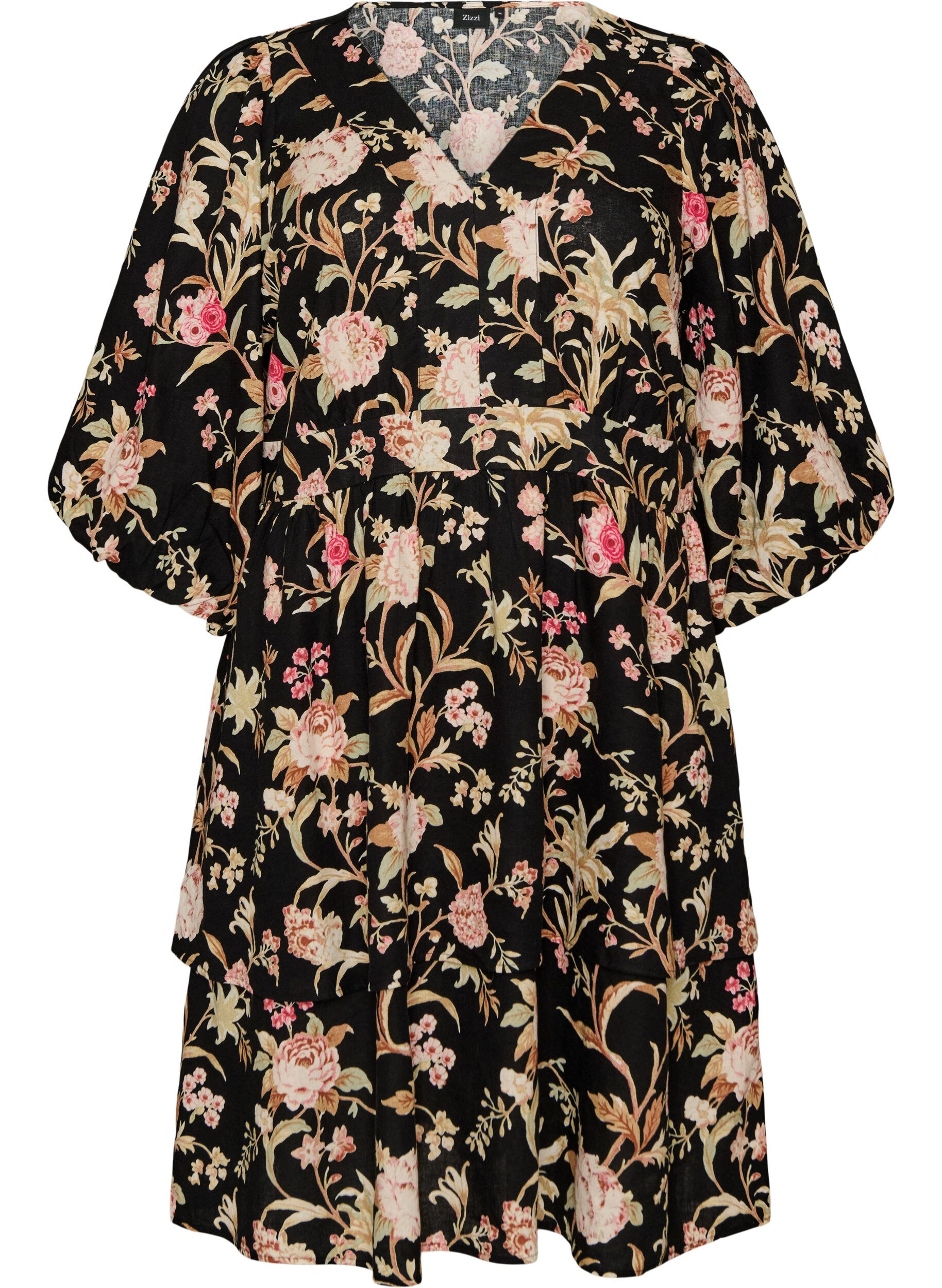 ZizziBloemenjurk in linnen en viscose met een empirelijn, Zwart, Packshot image number 0