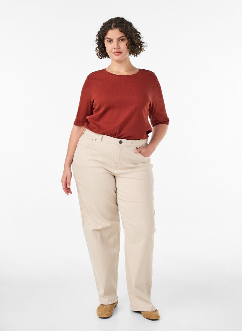 Geribde jersey blouse met korte mouwen, Rood, Model image number 1