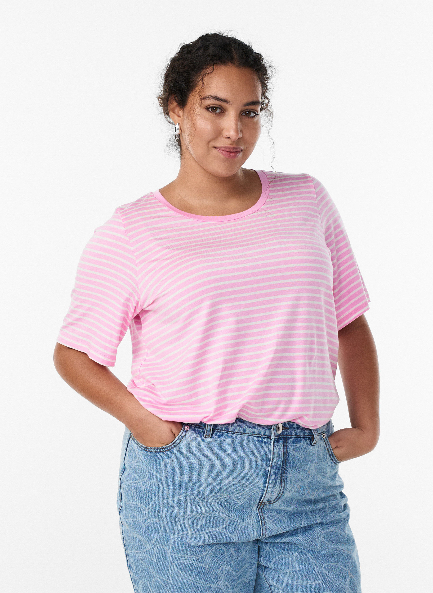 T-shirt met TENCEL&trade; Lyocell en strepen, Roze, Model